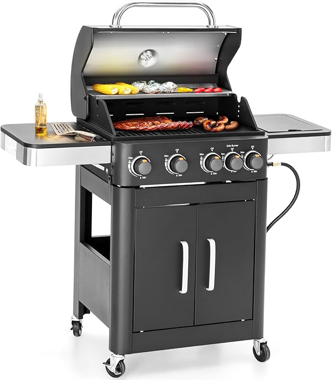 Sophia &amp William 4-Burner Gas BBQ Grill with Side Burner &amp Porcelain-Enameled Cast Iron Grates Outdoor Cooking Propane Grills Cabinet Style Garden Barbecue Grill 46700BTU Black