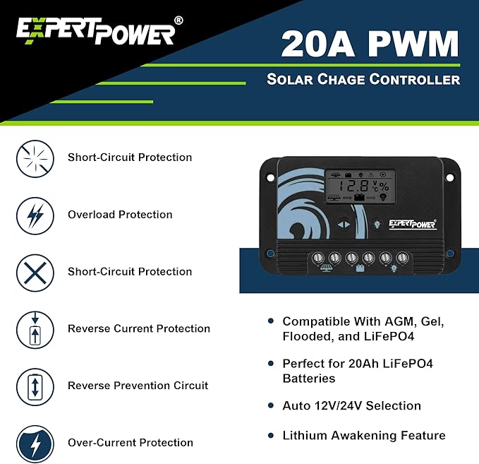 ExpertPower 200W 12V Solar Power Kit | 200-watt Mono Rigid Panel + 12V 55Ah Gel Battery + 20A Solar Charge Controller for RV Cabin Off-Grid DIY Solar Projects and More