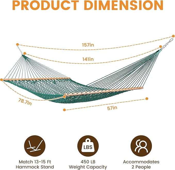 Lazy Daze Hammocks 12FT Double Rope Hammocks 2 Person Hand Woven Cotton Hammock with Spreader Bar for Outside Patio Poolside FIT 13-15 FT Stand Max 450 Lbs Green 141 x 57 inches