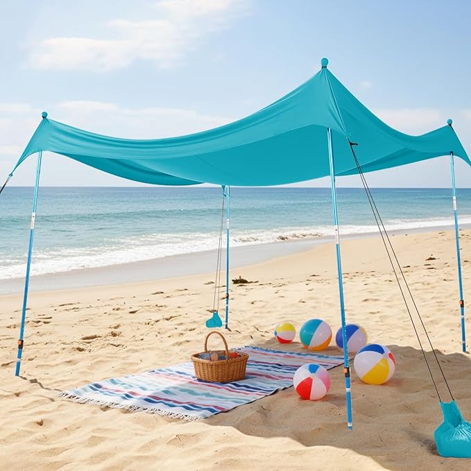 CROWN SHADES 10x10 Beach Tent Sun Shelter Easy Pop Up Beach Canopy Shade Portable Outdoor Carpas UPF50+ Includes 4 Poles Adjustable Aluminium Extra-Large Big Sand Shovel Turquoise