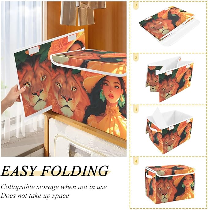 Storage Cube with Lid Lion and Lady Print 16.5×12.6×11.8 IN Collapsible Large Capacity Foldable Storage Basket Bin Organizer