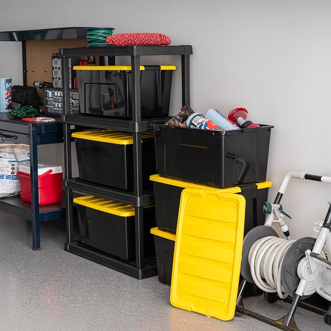 IRIS USA 72 Qt Stackable Plastic Storage Bins with Lids 6 Pack - BPA-Free Made in USA - Garage Organizing Solution Latches Durable Nestable Containers Secure Pull Handle - Black/Yellow