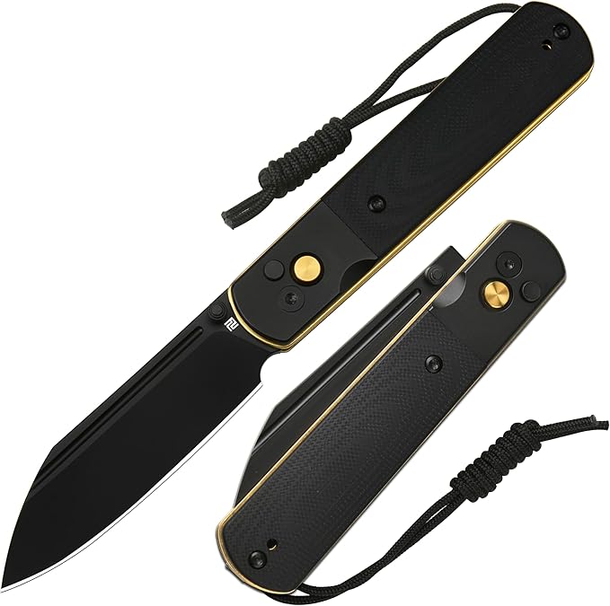 ARTISANCUTLERY Holm Pocket Knife EDC Knife with 3.10'' AR-RPM9 Steel Handle with Black PVD Steel and G10 Inlay Button Lock with Safety Switch Knife for Camping Survival Outdoor 1875P Black PVD