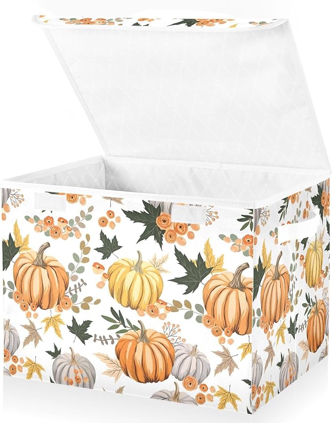 senya Thanksgiving Storage Baskets Collapsible Storage Bins with Lids Pumpkins Flowers Leaves Thanksgiving Storage Boxes Clothes Baskets for Organizing