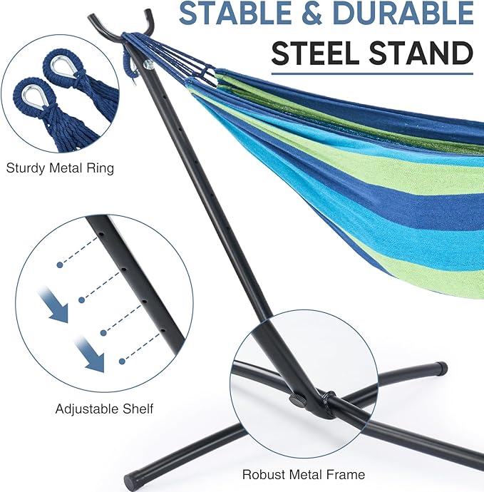 DUMOS Double Hammock with Space Saving Stand Heavy Duty Steel Frame Portable for Outside &amp Indoor Use 450lbs Capacity Easy Assembly Carrying Bag Included Blue