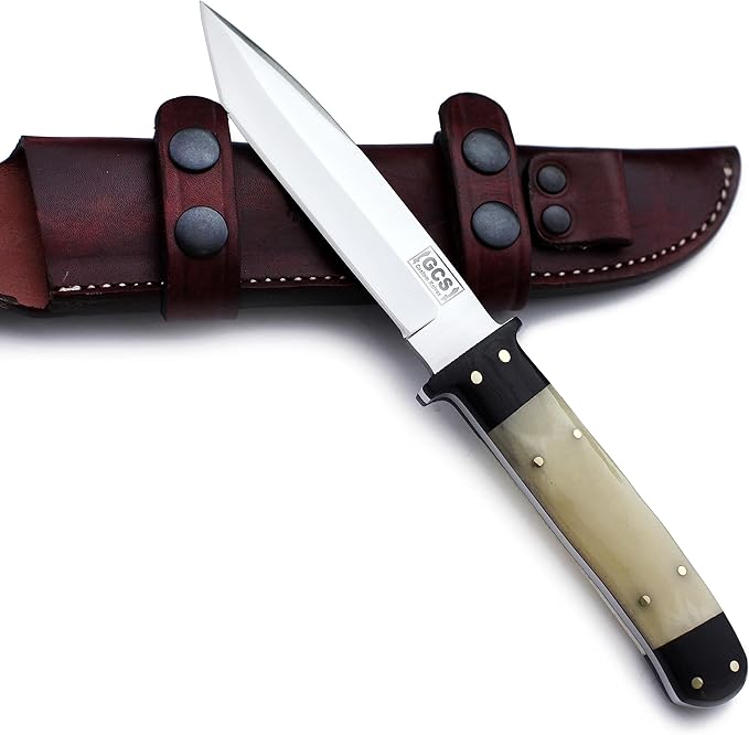 GCS Handmade Bone Handle D2 Tool Steel Tactical knife for Hunting Camping and Bushcraft with leather sheath &amp Full tang blade designed for Hunting &amp EDC GCS 15