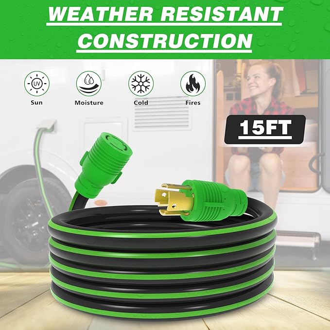 4 Prong 30 Amp Extension Generator Cord 15FT NEMA L14-30P/L14-30R Standard Plug 125/250 Volt Up to 7500 Watts Twist Lock Power Cord for Manual Transfer Switch (Black&ampGreen)