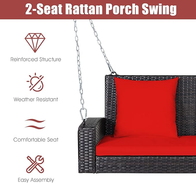 Tangkula 2-Person Wicker Porch Swing Patiojoy Outdoor Rattan Hanging Swing Bench W/ 2 Back Cushions &amp 1 Seat Cushion Sturdy Steel Chain 800lbs Weight Capacity