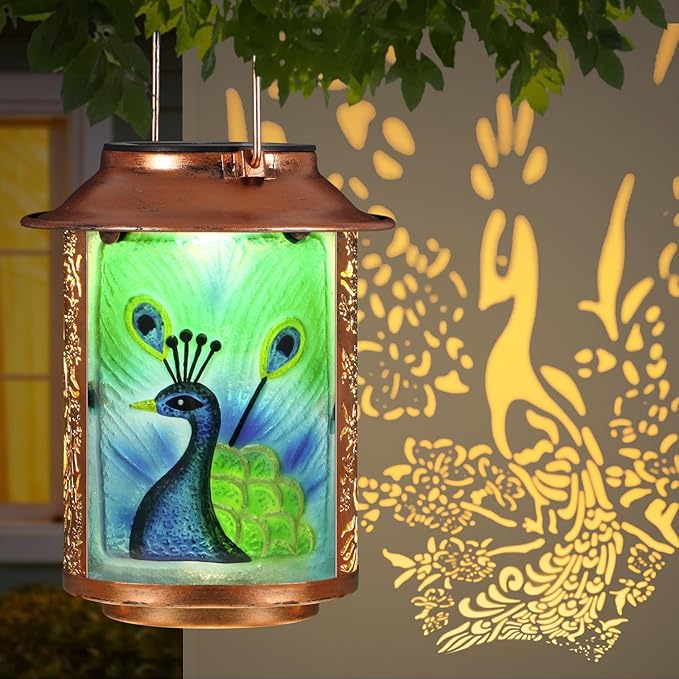 Peacock Solar Lanterns Outdoor WaterproofBirthday Gifts for Women Mom Grandma Garden DecorHanging Solar Lights Wall Mount Decorations for YardFront PorchPatioLawn Pathway Landscape