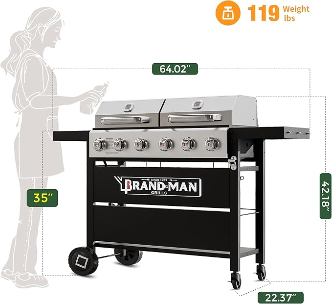 Brand-Man Griddle Grill Combo 6-Burner 2 in 1 Versatile Propane Gas Grill and Griddle with Double Stainless Steel Lids BBQ Combo for Outdoor Kitchen &amp Backyard Barbecue Cooking