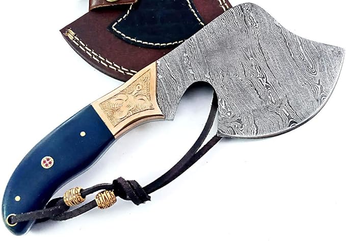 Dessi Handmade Damascus Steel Axe Hatchet Blue Micarta Handle Brass Eagle Engraving Leather Sheath Camping Bushcraft EDC Tomahawk Gift Men SM46