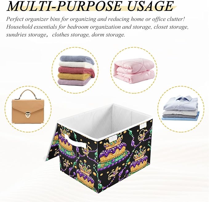 Doodle Mardi Gras King Cake Pattern-1735032947326 Foldable Storage Baskets Fabric Boxes with Handle Organizers with Flip-Top Lids Storage Bins for Home Bedroom Office