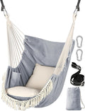 Chihee Hammock Chair Hanging Swing 2 Pillows IncludedStrong Webbing Straps and Hooks for Easy Hanging Soft Cotton Hanging Chair Side Pocket Tassel Chair Comfort Indoor Outdoor Light Grey