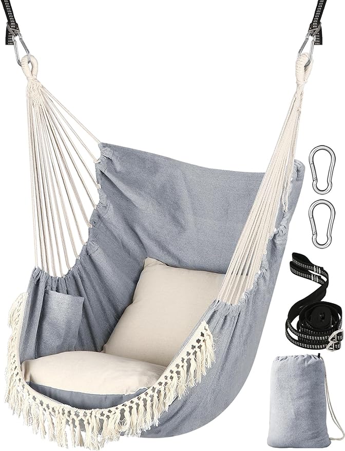 Chihee Hammock Chair Hanging Swing 2 Pillows IncludedStrong Webbing Straps and Hooks for Easy Hanging Soft Cotton Hanging Chair Side Pocket Tassel Chair Comfort Indoor Outdoor Light Grey