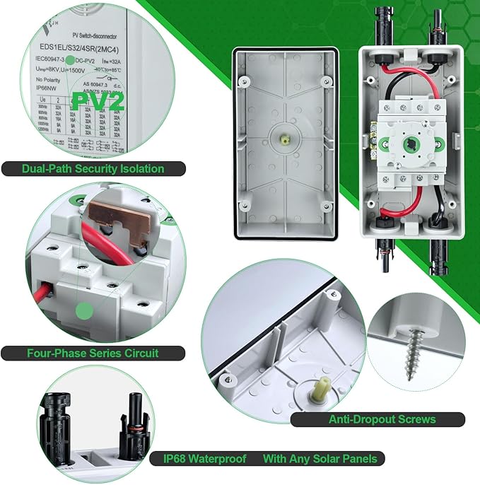 Solar Disconnect Switch 4-Pole DC1500 32A Isolator Solar Switch with Enclosure for Rooftop Solar Systems RVs and Boat Waterproof IP66 Black 2MC4