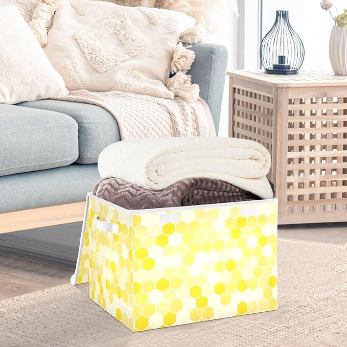 susiyo Large Foldable Storage Bin with Flip-Top Lid Yellow Bee Honeycomb Storage Box Collapsible Closet Organizer Containers Boxes Decorative Baskets with Handles for Home Bedroom Living Room Office