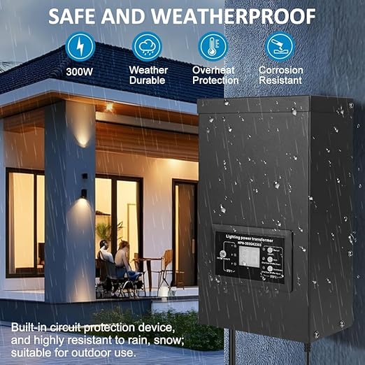 300W Low Voltage Landscape Transformer Weatherproof Outdoor Low Voltage Transformer with Photocell Sensor&ampTimer 120V AC to 12V/14V AC Landscape Lighting Transformer for Yard/Garden/Christmas Ligh