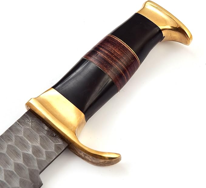 15.5 Long hand forged hammered Carbon steel Hunting Bowie Knife Bull horn and Rose wood scale with Brass finger guard &amp Pommel Over 10 sharp clip point blade cutting edge Cow Hide Leather she