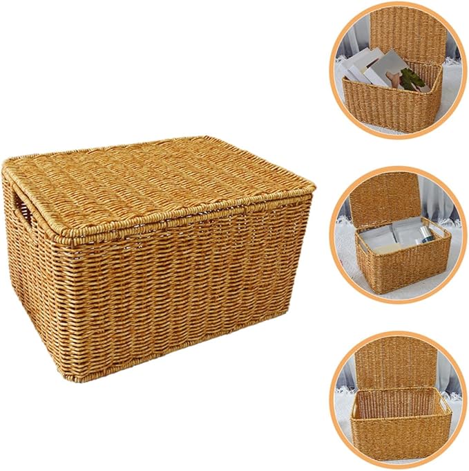 Lurrose Decorative Small Lidded Storage Basket Imitation Rattan Woven Container with Lid Large-capacity Closet Organizer Bin for Bedroom and Outdoor Use