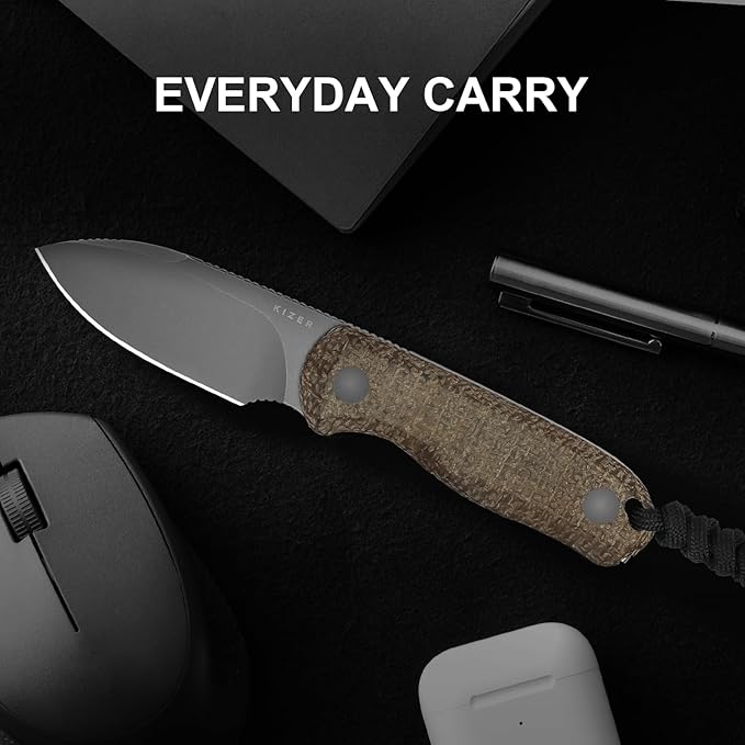 Kizer Drop Bear Fixed Blade Knife 2.57 Gray Stonewash 14C28N Blade EDC Camping Knife with Brown Burlap Micarta Handle &amp Hidden Tools Full Tang Hunting Knives with Adjustable Kydex Sheath 1094A