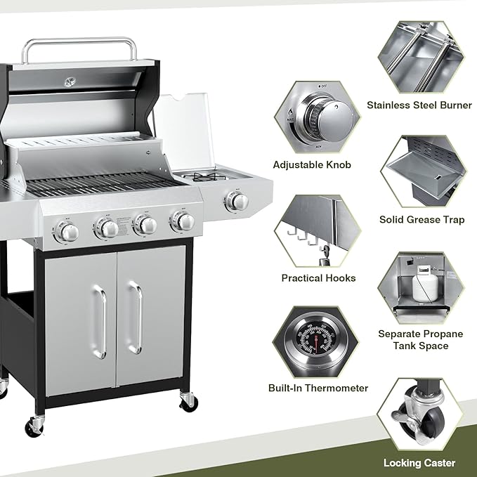 BESTFIRE 60000 BTU 4+1 Burner Propane Gas Grill - 647 sq. inches Stainless Steel Outdoor BBQ with Porcelain-Enameled Cast Iron Grates Side Burner &amp Storage Cabinet for Patio and Backyard Cooking