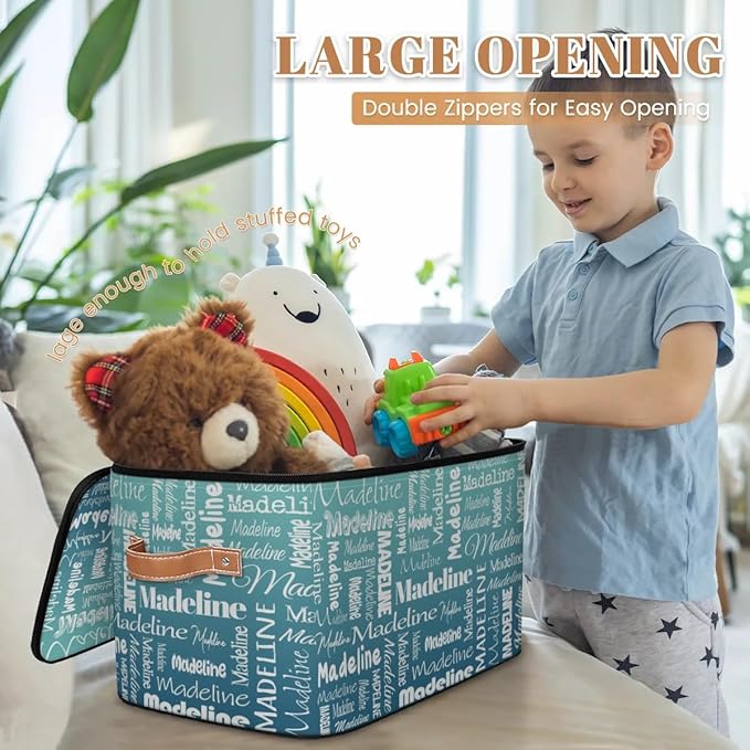 Custom Storage Basket with Name Personalized Keepsake Box with Zipper Lid Foldable Fabric Memory Bin Large capacity with Handle Gradient Grey Green