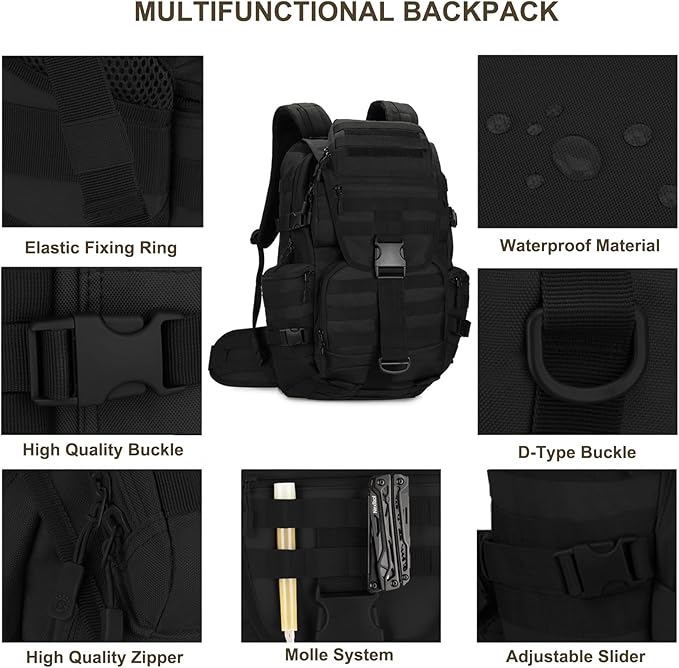 50L Military Tactical Backpack Molle Rucksack Large Army 3 Day Assault Pack Heavy Duty Backpack for Men (Black)