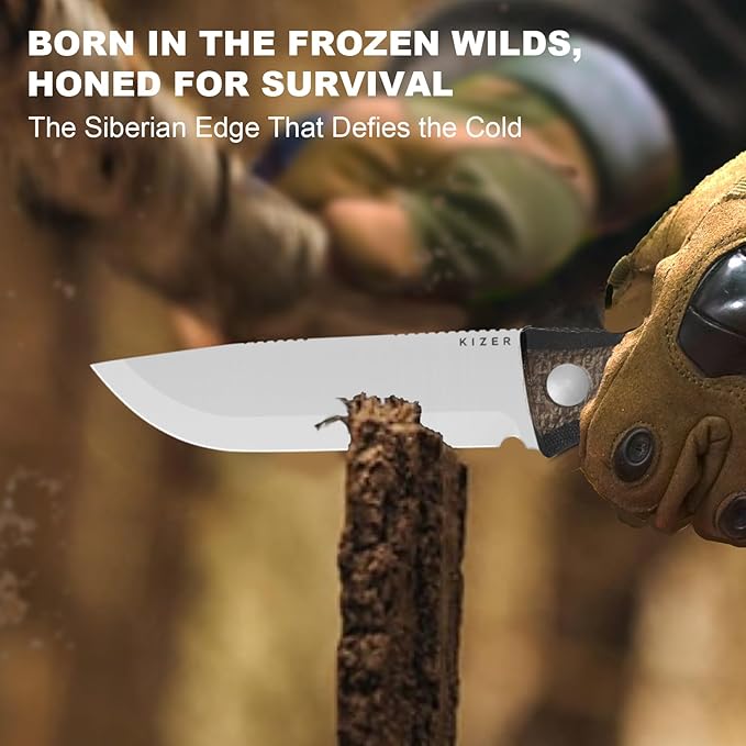 Kizer Polaris Fixed Blade Knife 4.23 AEB-L Steel Camping Knife with Brown Black Micarta &amp Black G10 Handle Survival Hunting Bushcraft Knives with Adjustable Sheath &amp Sharpener 1100A3