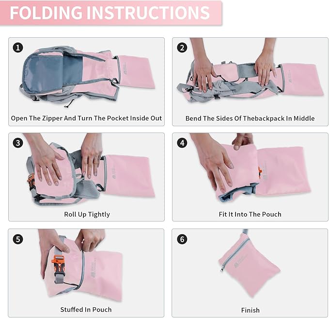 Hiking Backpack 10L/15L Small Daypack Lightweight Packable Travel Foldable Water Resistan for Women Men (Pink 15L)