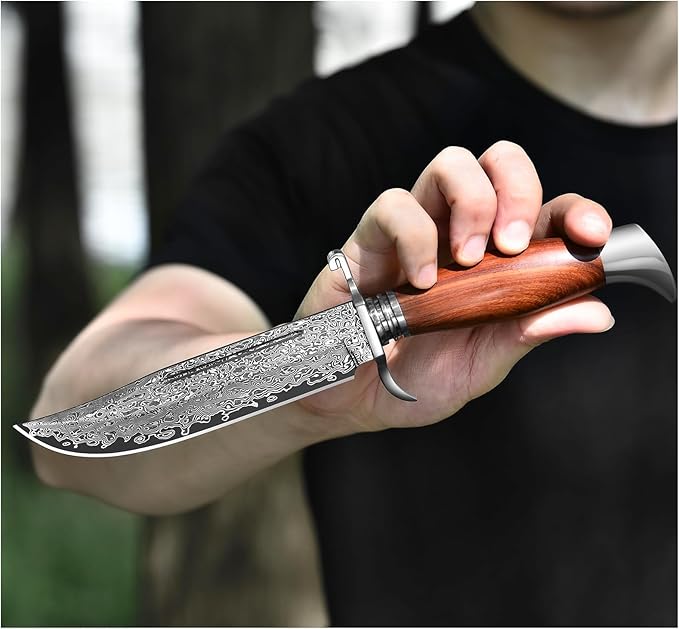 DRACHENADER 10.5 Inch Bowie Knife with Sheath Outdoor Hunting Survival Bushcraft Fixed Blade Knife (C-Japanese Type-Damascus Blade)