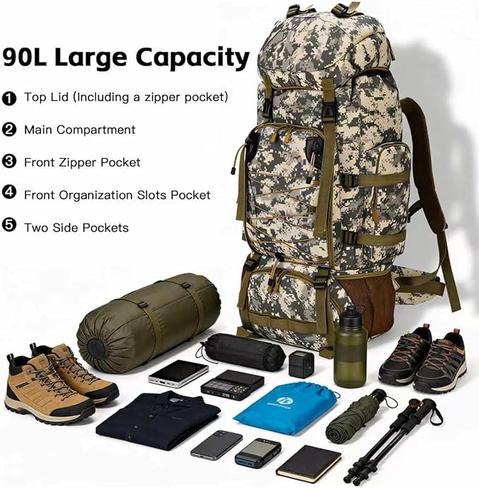 90L Camping Hiking BackpackMolle Military Tactical Rucksack BackpackWaterproof Lightweight Hiking Backpack (City Camo 90L)