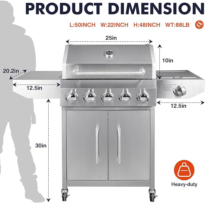 Llamaviva 5 Burner Propane Gas Grill with Side BurnerStainless Steel BBQ Grill with Porcelain-Enameled Cast Iron Grates 68000 BTU Cabinet-Style Cart Design for Outdoor Patio Barbecue- food clip