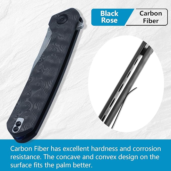 KANSEPT Qilin Pocket Knife3.24'' Damascus Sharp Blade Black Rose Carbon Fiber Handle for Edc Flipper and Liner Lock with Double-Sided Clip Men Camping Survival Folding Knives K1047A2