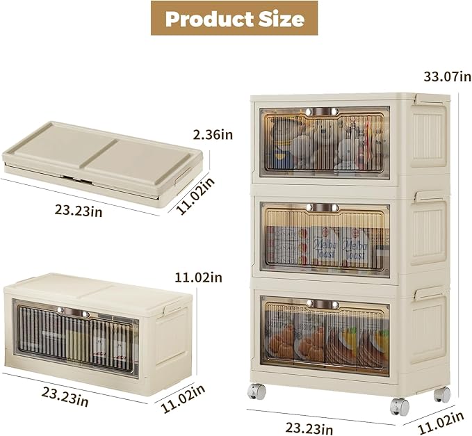 3 Tier - 48QT Storage Bins with Lids Collapsible Storage Bins with Doors and Wheels Plastic Storage Cabinet for Easy Storage and Organization for Living Room Office
