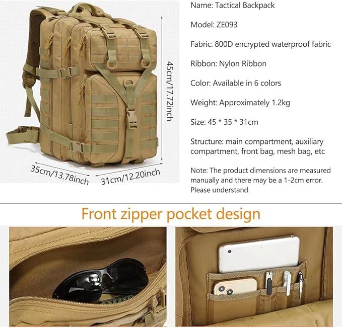 45L Military Tactical Backpack Large Men Army 3 Day Assault Rucksack Molle Bag Daypack (CP)