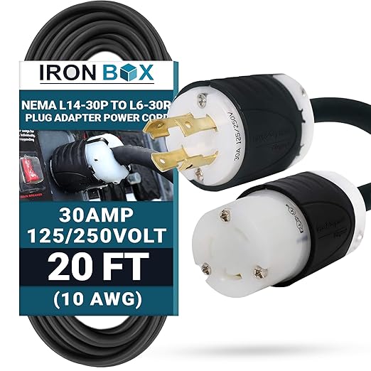 IronBox Electric NEMA L14-30P to L6-30R Plug Adapter Power Cord - 30A 10 AWG 125/250V - Heavy Duty UL Listed Power Cable for Generator Outdoor Data Centers Camper &amp More (20 ft Custom Built)