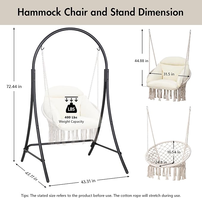 ANOW Macrame Hammock Chair with Stand Heavy Duty Hanging Chair Stand with Swing Chair Includes Luxury Padded Cushion Max 400 Lbs Natural