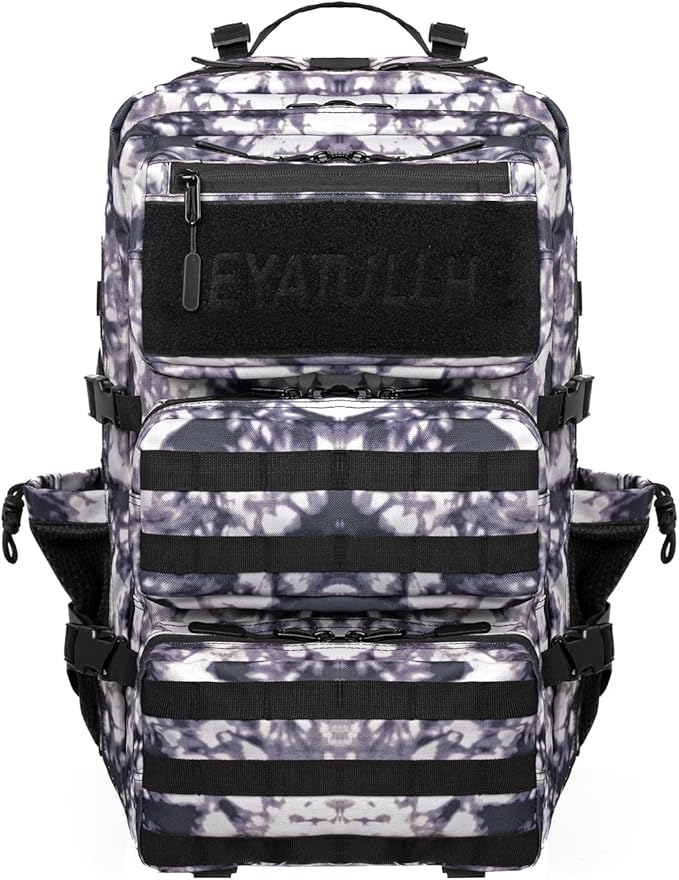 55L Military Tactical Backpack - Bug Out Bag with MOLLE System for Hiking(Black and white tie dye)