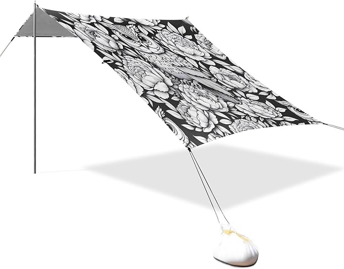 Owl with Peony Flowers Beach Tent Sun Shelter Set UPF50+ UV Protection 10.5 x 9.19 FT Camping Shade Canopy with Sandbags Sand Anchors Carrying Bag and Others