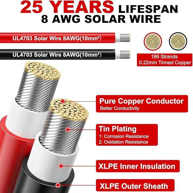 Oududianzi 8AWG Solar Panel Wire 2x100Ft Solar Wire 8 Gauge Tinned Copper PV Wire Solar Extension Cable for Outdoor Automotive RV Solar Panel Boat Marine