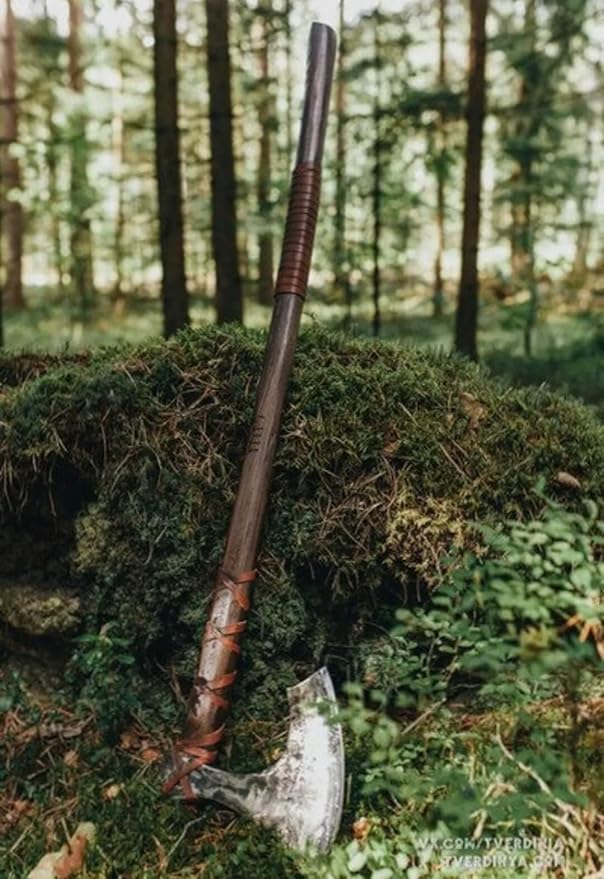 Two Handed 38 Inch Long Custom Hand Forged Carbon Steel Medieval Axe Forged Axe Leather Engraving On Handle Hatchet with Leather Sheath Best for Hunting Camping Wood Cutting Gift for Him