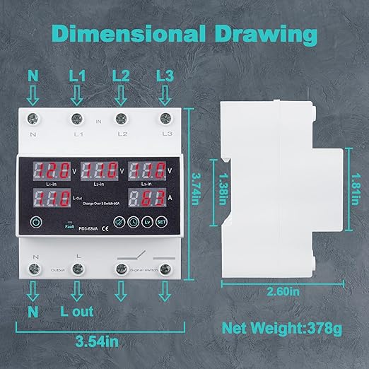 Automatic Transfer Switch 110V 63A Auto Transfer Switch Real-time Monitoring with LED DisplayDin Rail Mount