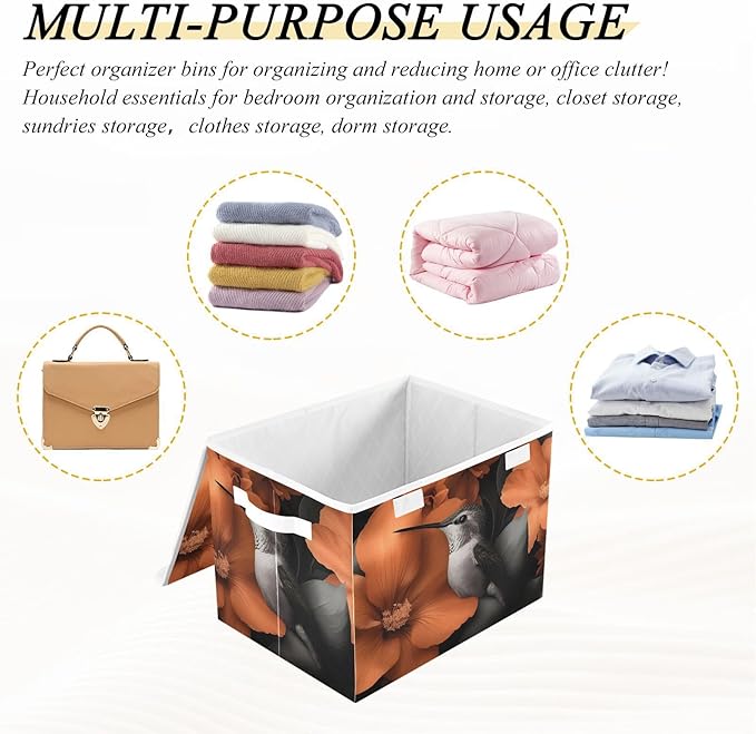Storage Cube with Lid Hummingbird Flowe Print 16.5×12.6×11.8 IN Collapsible Large Capacity Foldable Storage Basket Bin Organizer