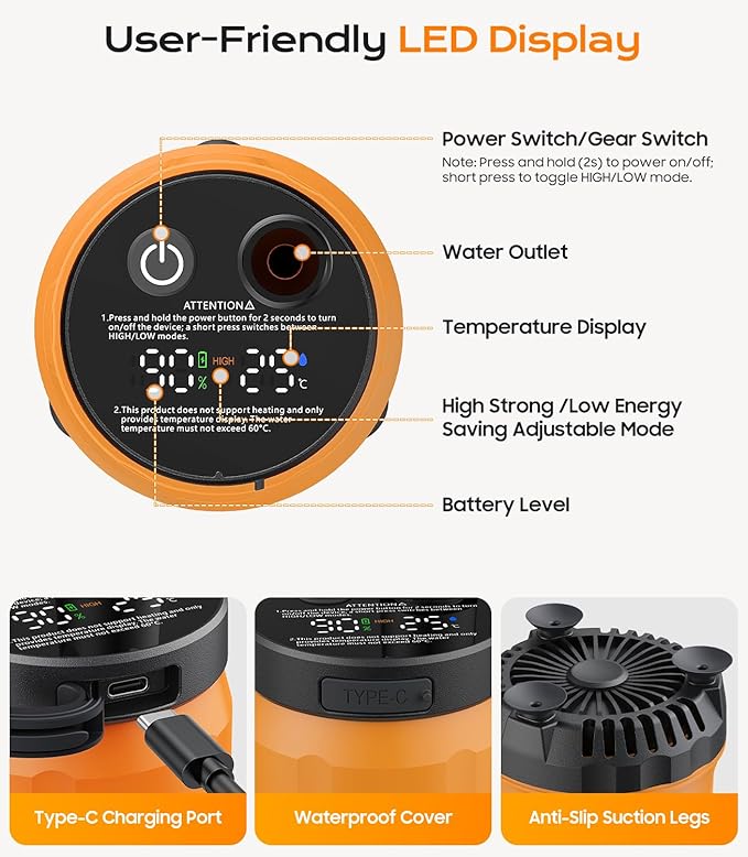 Novast Portable Shower for Camping 8000mAh Rechargeable Outdoor Shower Pump with Filtered Showerhead IPX8 Waterproof LED Display for Hiking RV Car Washing Pet Bath &amp Plants