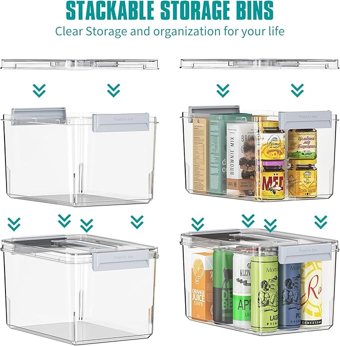 Plastic Storage Bins with Lids Stackable organization and Storage Containers for Organizing Snacks Crafts Tools Clear Storage Box with Latching handle(Clear 2PCS-4.5QT 2PCS-8.5QT)