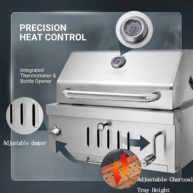 Large Charcoal BBQ Grills Built in Barbecue Grill with Liftable Tray Insulated Hood &amp Temp Gauge Silver Stainless Steel BBQ Barrel Grill for Outdoor Kitchen Cooking Family Parties Patio Park St