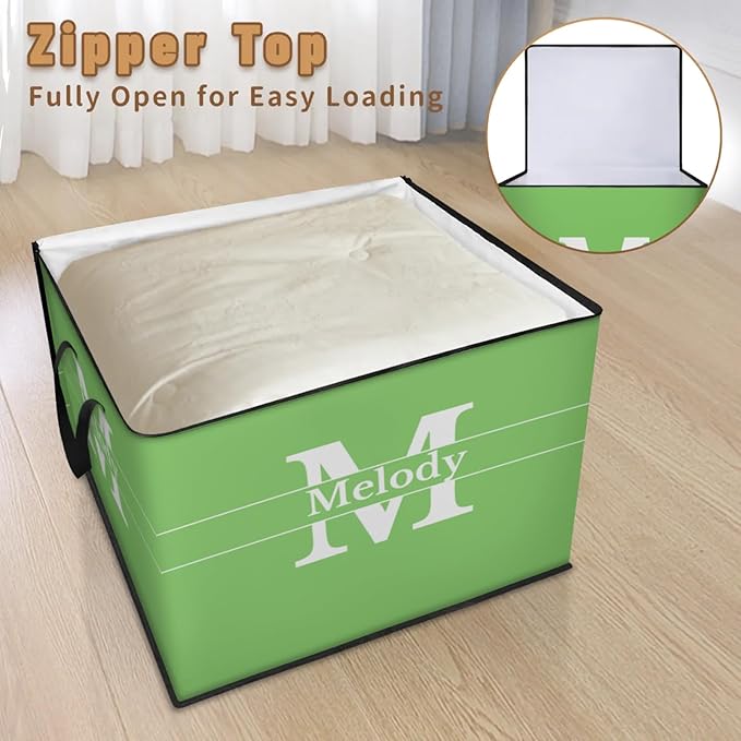 Personalized Extra Large Storage Basket with Lid Comforters Spring Green with Initial Letter Blanket Bedding Storage Bin for Home Collapsible Basket for Clothes Moving Car Trunk
