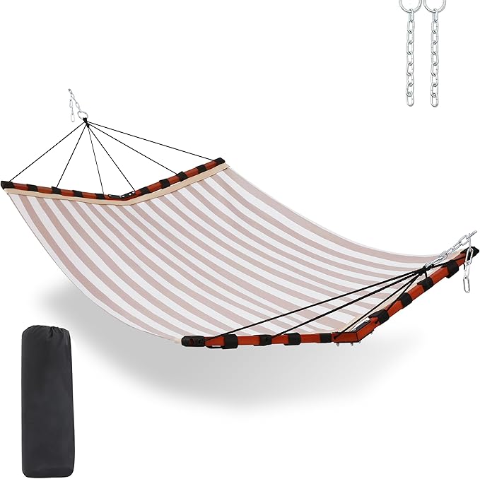 TegerDeger 12FT 2 Person Hammock Large Hammock Quick Dry 450LB Capacity with V Shaped Hardwood Spreader Bar &amp Nylon Rope for Outside Patio Garden Backyard Beach Poolside - Beige Stripes