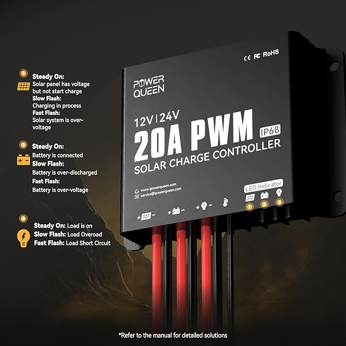 Power Queen 20A 12V/24V PWM IP68 Waterproof Solar Charger Controller with LED Indicators Ideal for LiFePO4 AGM Gel Flooded Battery in RVs Trailers Boats Yachts