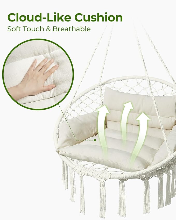 Greenstell Hammock Chair Macrame Swing Chair with Comfy Cushion Boho Hanging Chair for Outdoor &amp Indoor Perfect for Bedroom Patio Balcony Hold up to 350Lbs White